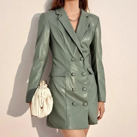 GREEN PU LEATHER DOUBLE BREASTED BACK LACING BLAZER DRESS TRENDING COLOR CHIC - Picture 4 of 6
